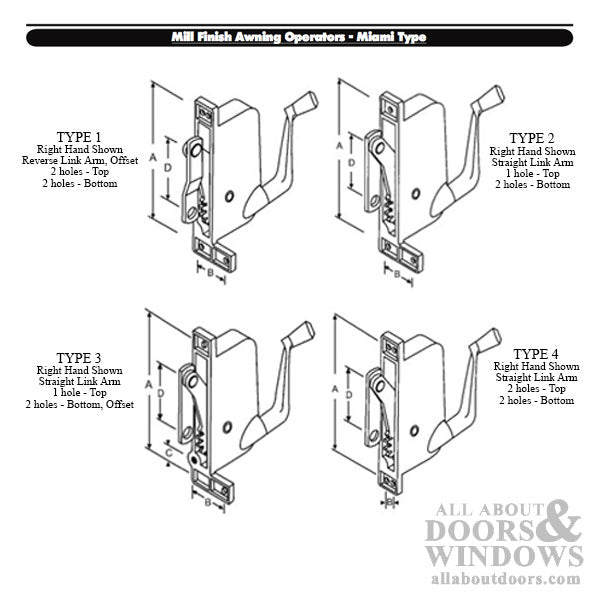 Type 3 Awning Window Operator, Miami Windows, Right Hand - Aluminum - Type 3 Awning Window Operator, Miami Windows, Right Hand - Aluminum