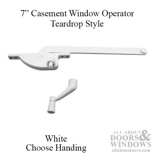 7 Inch Arm Steel Casement Window Operator, teardrop, White - Choose Handing