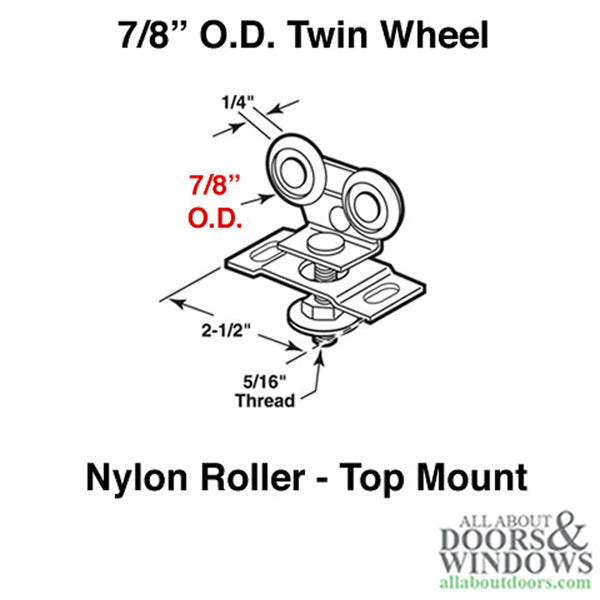 Discontinued - 2 Wheel 7/8 Diameter Top Hung CLoset/Pocket Door Roller - Discontinued - 2 Wheel 7/8 Diameter Top Hung CLoset/Pocket Door Roller