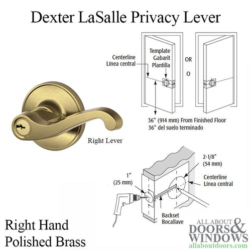 Dexter LaSalle J40-605 Right Hand Privacy Lever - Polished Brass J40-LAS-605R - Dexter LaSalle J40-605 Right Hand Privacy Lever - Polished Brass J40-LAS-605R