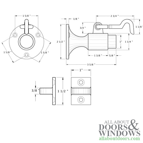 3-5/8 Wall Mount Bumper with Hook and Eye - Choose Finish - 3-5/8 Wall Mount Bumper with Hook and Eye - Choose Finish