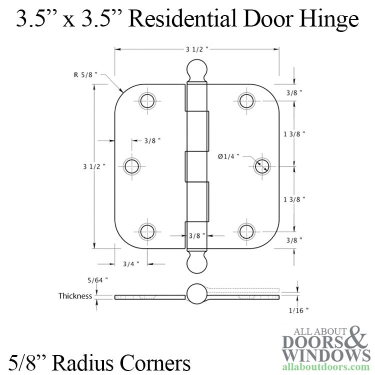 Door Hinge 3.5 x 3.5 inch, 5/8 Radius Corners, Residential, Steel, Ball Tip - Door Hinge 3.5 x 3.5 inch, 5/8 Radius Corners, Residential, Steel, Ball Tip