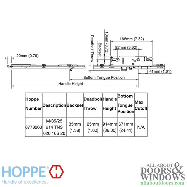 Hoppe 16mm Manual 35/92 Gear, Shootbolt-Tongue at 24.41