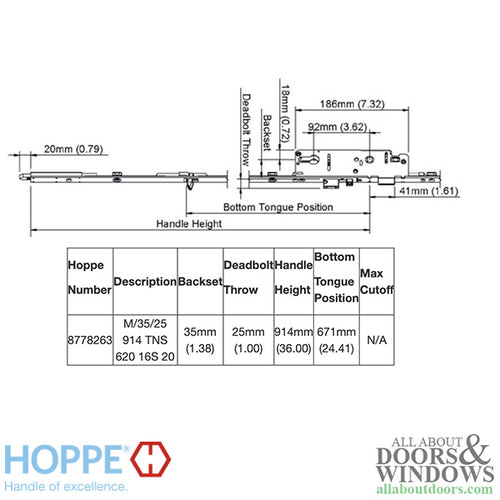 Hoppe 16mm Manual 35/92 Gear, Shootbolt-Tongue at 24.41