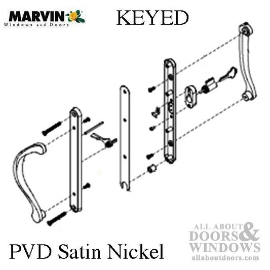 Marvin Active Keyed, Narrow Sliding Door Handle, Center Thumb - PVD Satin Nickel