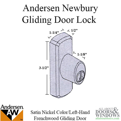 Andersen Gliding Door Lock - Newbury Outside Keylock with Housing - Schlage Keyway - Satin Nickel Finish - Left-Handed - Andersen Gliding Door Lock - Newbury Outside Keylock with Housing - Schlage Keyway - Satin Nickel Finish - Left-Handed