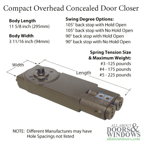 TC7000 SERIES Overhead Concealed Closer - Light Duty Spring Tension Back Stop w/HO at 105° Back - TC7000 SERIES Overhead Concealed Closer - Light Duty Spring Tension Back Stop w/HO at 105° Back