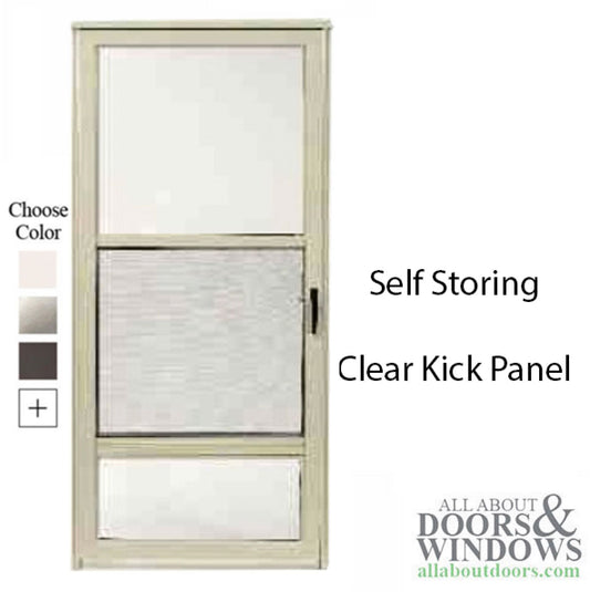 Columbia Cobra 1-1/4" Self storing storm door with clear kick panel -