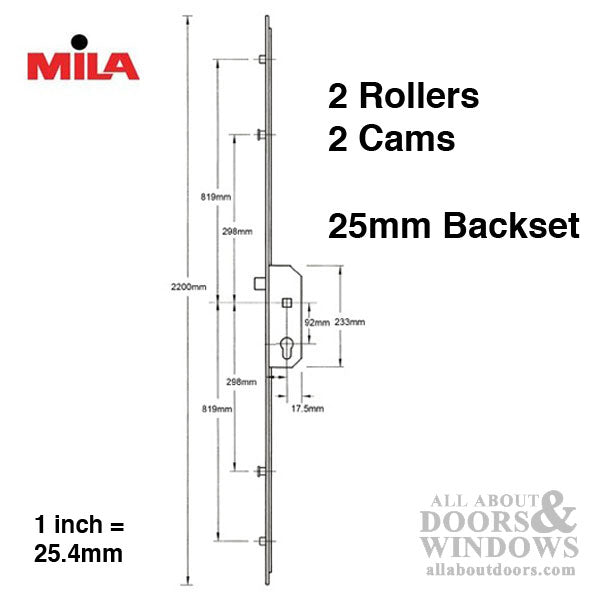 16mm Mila 2 rollers, 2 mushroom cams 25mm backset, Latch only, No Deadbolt - 16mm Mila 2 rollers, 2 mushroom cams 25mm backset, Latch only, No Deadbolt