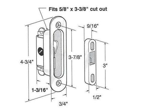 Mortise Lock and Keeper - Sliding Patio Door, 45 Degree Keyway Aluminum/Steel - Mortise Lock and Keeper - Sliding Patio Door, 45 Degree Keyway Aluminum/Steel