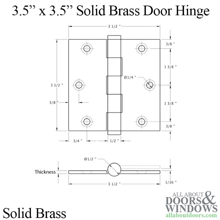 Door Hinge 3.5 x 3.5 inch, Square Radius Corners, Standard, Solid Brass - Door Hinge 3.5 x 3.5 inch, Square Radius Corners, Standard, Solid Brass