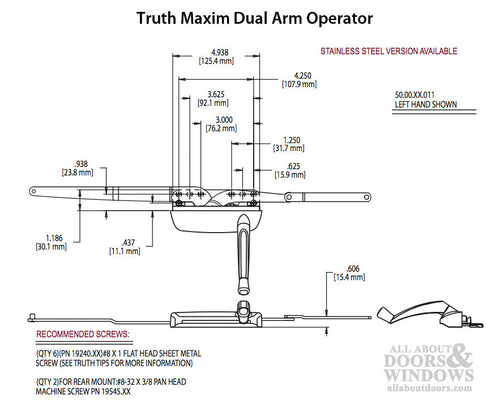 Truth 50.00 Maxim Dual Arm Operator, Hurd Casement,  RH - Choose Color - Truth 50.00 Maxim Dual Arm Operator, Hurd Casement,  RH - Choose Color