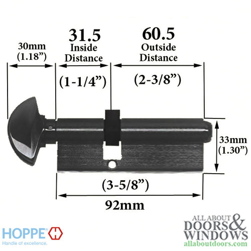 31.5 / 60.5 New Style HOPPE Non-Logo 90 Keyed Profile Cylinder Lock, Solid Brass, Choose Finish - 31.5 / 60.5 New Style HOPPE Non-Logo 90 Keyed Profile Cylinder Lock, Solid Brass, Choose Finish