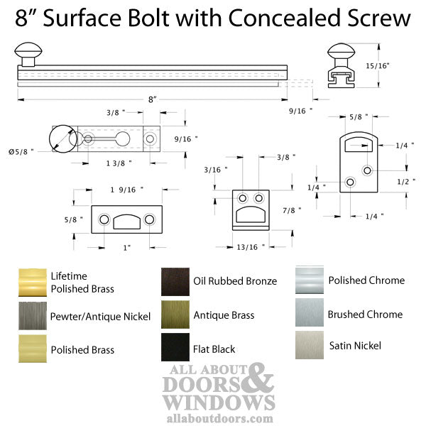 8'' Concealed Screw Surface Bolt, Brass - Choose Finish - 8'' Concealed Screw Surface Bolt, Brass - Choose Finish