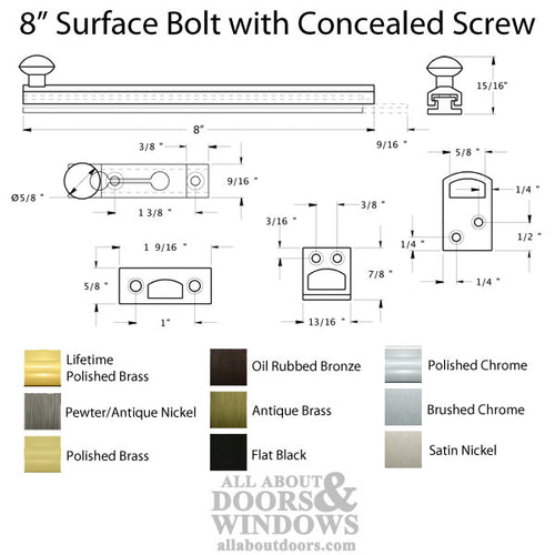 8'' Concealed Screw Surface Bolt, Brass - Choose Finish - 8'' Concealed Screw Surface Bolt, Brass - Choose Finish