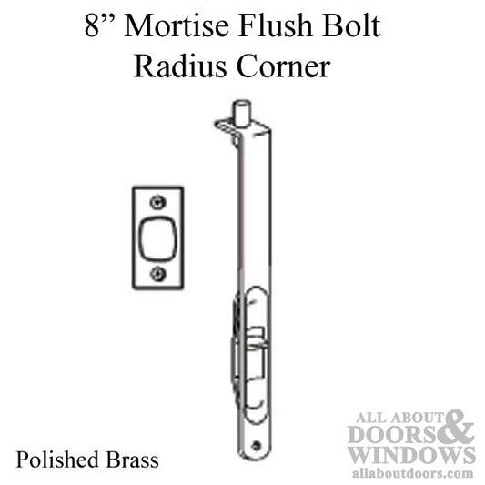 8 Inch Flush Bolt, Mortise Lever, Radius face - Polished Brass