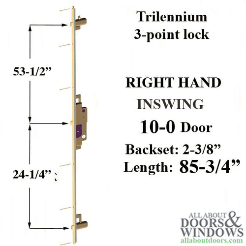 Trilennium 3000 Series Multipoint Lock for 10 Foot Door Right Hand Inswing No Strike Plates - Trilennium 3000 Series Multipoint Lock for 10 Foot Door Right Hand Inswing No Strike Plates