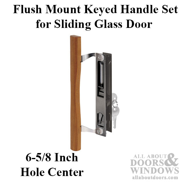 Keyed Handle Set for Sliding Patio Door Flush Mount  Standard Hook - Black Finish, Wood Handle - Keyed Handle Set for Sliding Patio Door Flush Mount  Standard Hook - Black Finish, Wood Handle