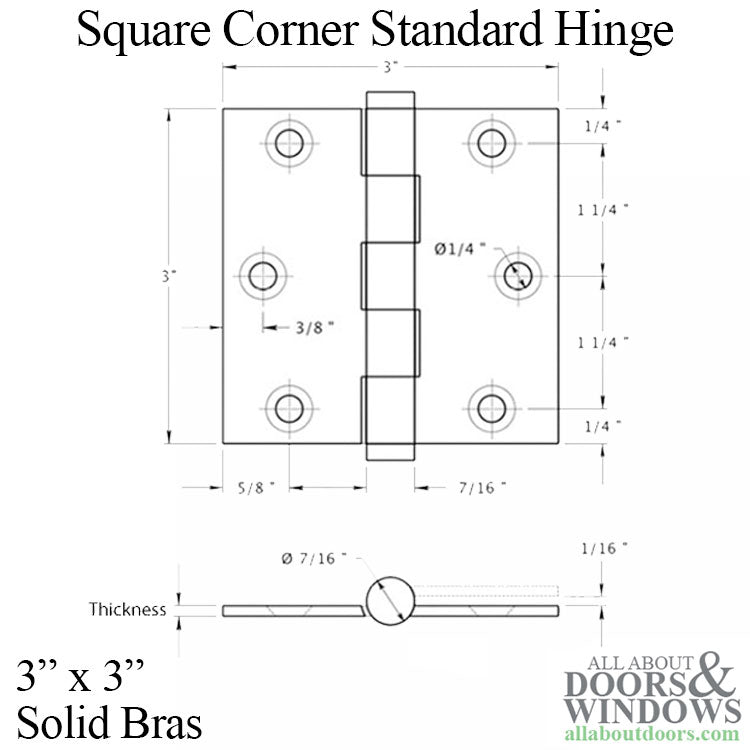 Door Hinge 3 x 3 inch, Square Radius Corners, Standard, Solid Brass - Polished Brass - Door Hinge 3 x 3 inch, Square Radius Corners, Standard, Solid Brass - Polished Brass