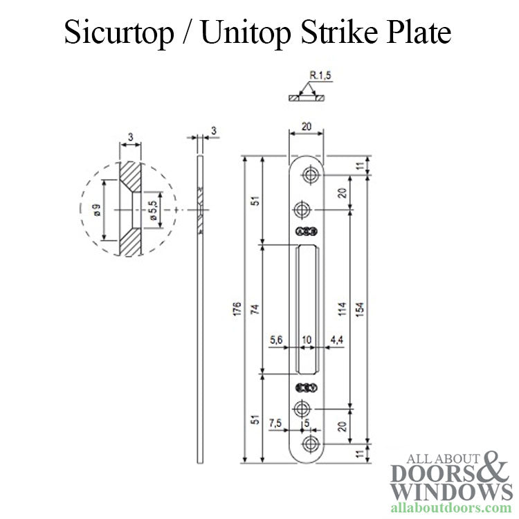 AGB Sicurtop / Unitop, Strike Plate,  Non-Handed for Poseidon Multipoint Lock -silver - AGB Sicurtop / Unitop, Strike Plate,  Non-Handed for Poseidon Multipoint Lock -silver