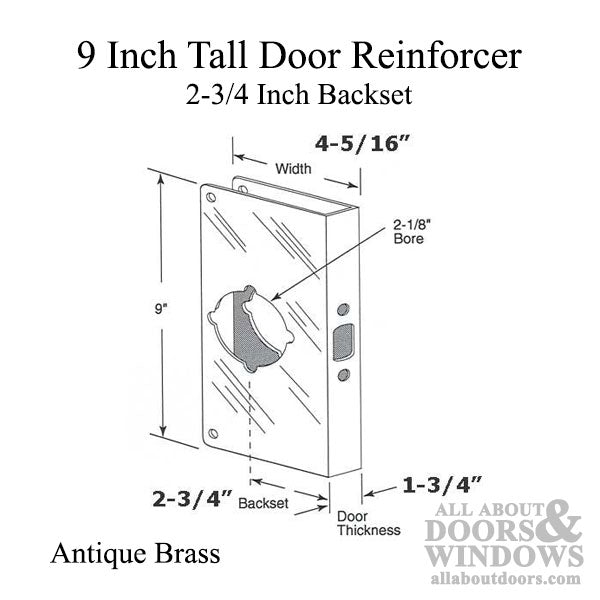 9 Inch Tall Door Reinforcer, 2-3/4 Inch Backset - Antique Brass - 9 Inch Tall Door Reinforcer, 2-3/4 Inch Backset - Antique Brass