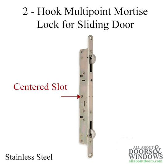 Discontinued 2 Point Double Hook Sliding Door Lock, Flat Faceplate, Centered latch - Stainless Steel