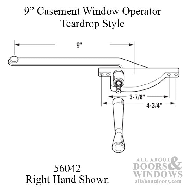 9 Inch Arm Steel Casement Window Operator, teardrop style, Right hand - Choose Color - 9 Inch Arm Steel Casement Window Operator, teardrop style, Right hand - Choose Color