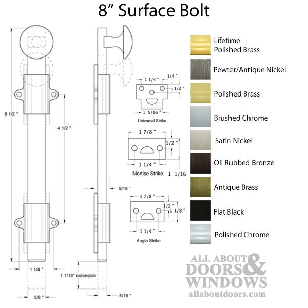 8'' Surface Bolt, Heavy Duty, Solid Brass - Choose Finish - 8'' Surface Bolt, Heavy Duty, Solid Brass - Choose Finish