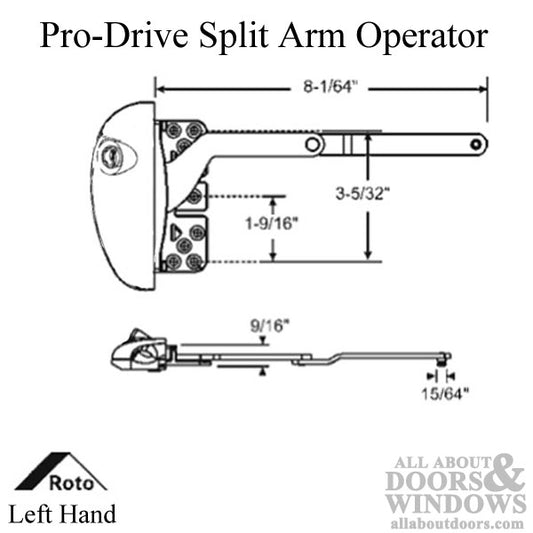 Roto  8-1/64"  Split Arm inverted Pro Drive, LH For Vinyl Window Application - G1 White