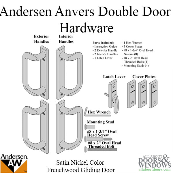 Andersen Frenchwood Gliding Door Trim Hardware, Anvers 4 Panel Interior and Exterior - Satin Nickel - Andersen Frenchwood Gliding Door Trim Hardware, Anvers 4 Panel Interior and Exterior - Satin Nickel