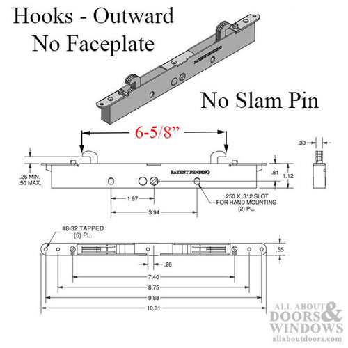 2-point Double Hook Sliding door lock, Center Drive, No Faceplate - Choose Material - 2-point Double Hook Sliding door lock, Center Drive, No Faceplate - Choose Material