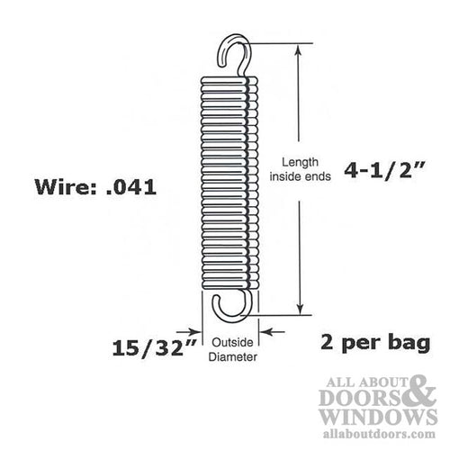 Extension Spring - 15/32 Inch Diameter x 4-1/2 Inches Long - .041 Wire - Extension Spring - 15/32 Inch Diameter x 4-1/2 Inches Long - .041 Wire