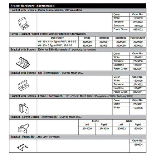 Andersen Tilt-Wash/Stormwatch Frame Bracket w/ Screws - Stone - Andersen Tilt-Wash/Stormwatch Frame Bracket w/ Screws - Stone