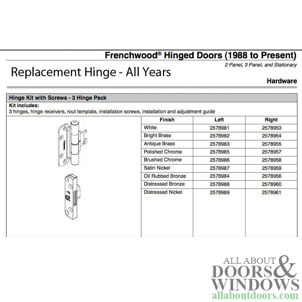 Andersen 3-Hinge Kit, Right Hand (2005-Present) - Distressed Nickel - Andersen 3-Hinge Kit, Right Hand (2005-Present) - Distressed Nickel