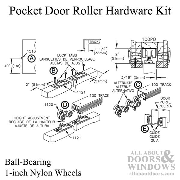 Ball-Bearing Pocket Door Roller Hardware, 1-inch Wheels - Ball-Bearing Pocket Door Roller Hardware, 1-inch Wheels