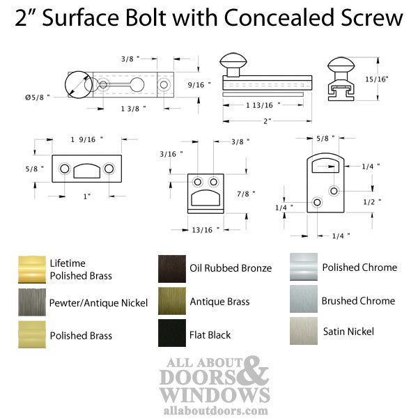 2'' Concealed Screw Surface Bolt, Brass - Choose Finish - 2'' Concealed Screw Surface Bolt, Brass - Choose Finish