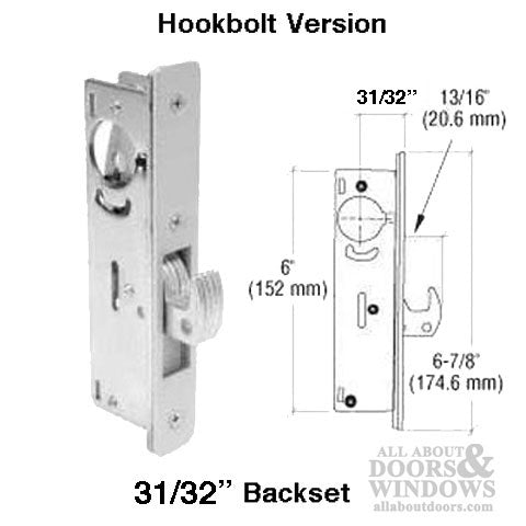 Hookbolt Lock, 31/32 Inch Backset, No Face plate Sliding or Hinged door - Hookbolt Lock, 31/32 Inch Backset, No Face plate Sliding or Hinged door