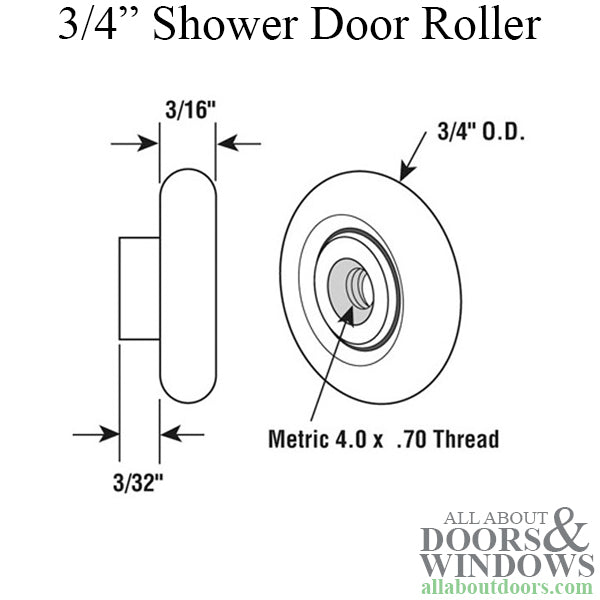 Shower door roller 3/4 inch x 3/16 inch narrow tire roller, brass inner race - Shower door roller 3/4 inch x 3/16 inch narrow tire roller, brass inner race