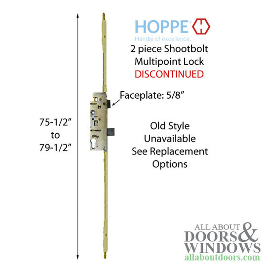 2 piece Shootbolt, 75-1/2 to 79-1/2 inch, 45mm backset  Discontinued  See Replacement Options