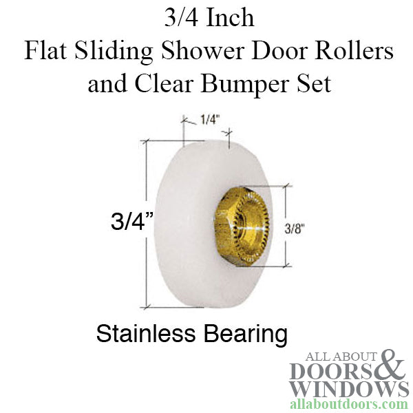 3/4 Inch Flat Sliding Shower Door Rollers and Clear Bumper Set - 3/4 Inch Flat Sliding Shower Door Rollers and Clear Bumper Set