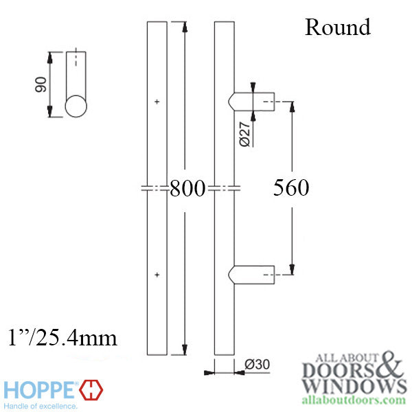 Hoppe Bar-Shaped Round Pull Handle, 31-1/2