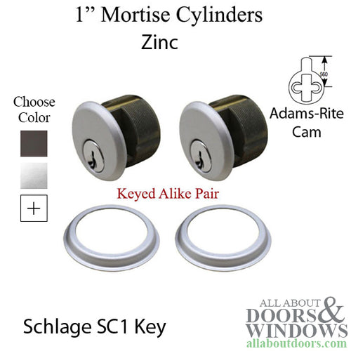 Adams-Rite 1 inch Mortise Cylinder, Zinc KA Pair,  Schlage Keyway - 2 colors - Adams-Rite 1 inch Mortise Cylinder, Zinc KA Pair,  Schlage Keyway - 2 colors