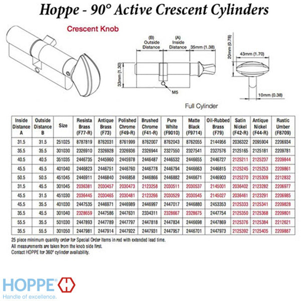 60.5/31.5 New Style HOPPE Non-Logo Active 90° Keyed Profile Cylinder Lock with Crescent Knob - 60.5/31.5 New Style HOPPE Non-Logo Active 90° Keyed Profile Cylinder Lock with Crescent Knob