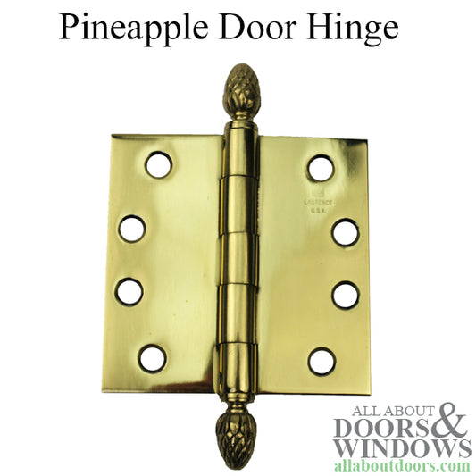 Door Hinge 4 x 4 Square, Pineapple- Pine Cone Tips,- Steel base - Polished Brass