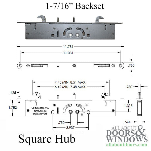 Sliding door Dual Point mortise lock, 2 hook, square drive - Sliding door Dual Point mortise lock, 2 hook, square drive