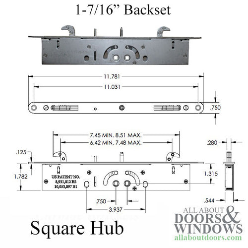 Sliding door Dual Point mortise lock, 2 hook, square drive - Sliding door Dual Point mortise lock, 2 hook, square drive