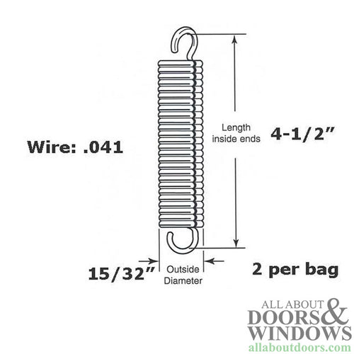 Extension Spring - 15/32 Inch Diameter x 4-1/2 Inches Long - .041 Wire - Extension Spring - 15/32 Inch Diameter x 4-1/2 Inches Long - .041 Wire