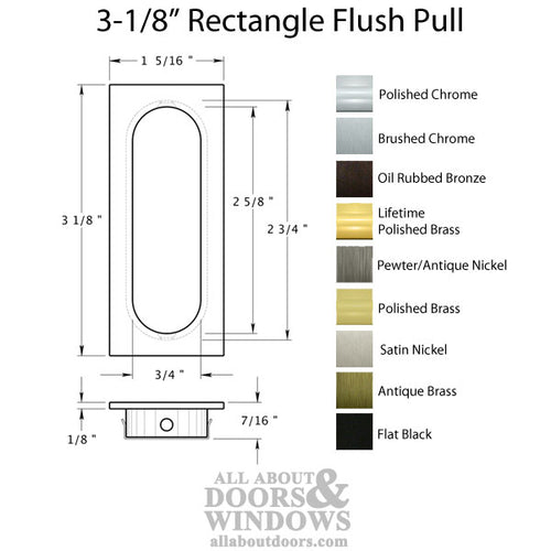 3-1/8'' Rectangle, Flush Pull, Solid Brass - Choose Finish - 3-1/8'' Rectangle, Flush Pull, Solid Brass - Choose Finish