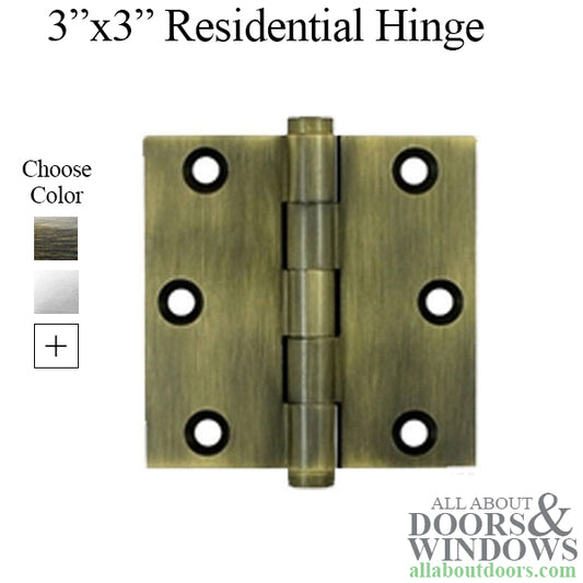 3 x 3 inch, Square Corners, Residential Hinges, Steel, Pair, Choose Color