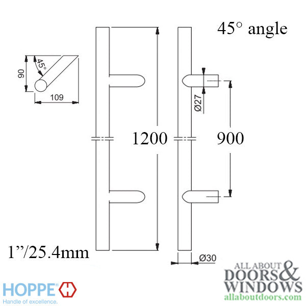 HOPPE Bar-Shaped Round 45 Degree Angle Pull Handle 47-1/4